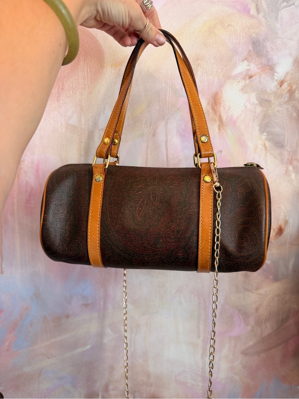 Etro Classic Barrel Shoulder Bag in Brown and Tan Paisley